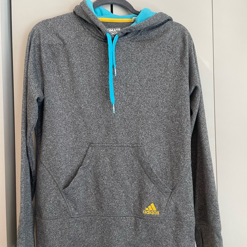 Adidas Charcoal Hoodie with Teal and Yellow Details